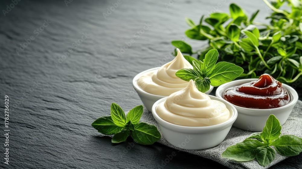 Naklejka premium Two small bowls filled with ketchup and mayonnaise sit on a linen napkin against a dark slate background, perfect for condiment advertising