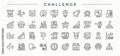 Challenge icon set. UI icons set in a thin style. Contains related to strategy, performance, target, development, work, success, difficulty. Vector illustration. Difficulty icon set.