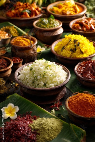 Delicious Traditional Indian Feast Served on Banana Leaves With Various Dishe...