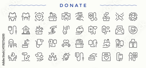 Donation line icon set. Assist icon pack. Contains related to cooperation, humanitarian, assist, giving, charity, volunteer and more. Editable vector art and illustration.