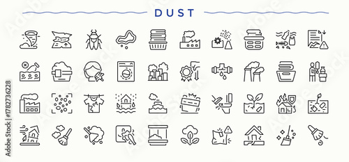 Dust line icon set. Collection for mobile and web apps. Editable stroke. Vector collection. Smoke icon set in linear style. Pictograms of greenhouse, eco, smog, damage, smoke and more.