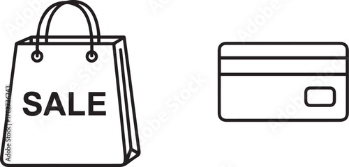 Shopping bag with 'sale' text and a credit card outline icon, symbolizing online retail, purchase, payment, and discount offers. Vector
