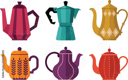 teapot, coffee, pot, espresso, maker, kettle, kitchenware, drink, beverage, icon, illustration, vector, design, cartoon, symbol, red, golden, teal, purple, orange