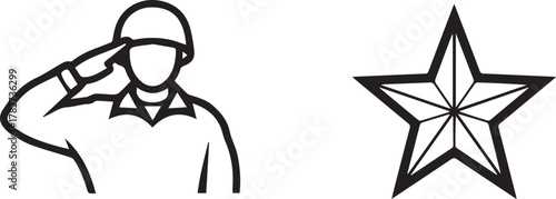 Saluting soldier icon with military star emblem. simple black and white line art depicting army personnel showing respect. Vector