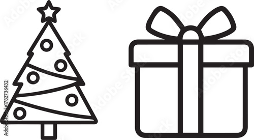 Outline vector icons of a festive christmas tree with a star and a beautifully wrapped gift box, perfect for festive graphic design. Vector