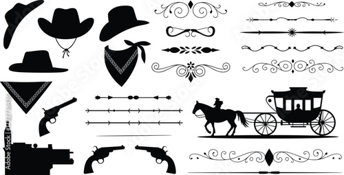Western-themed silhouette set with cowboy hats, revolvers, stagecoach, building, bandanas, and ornate dividers for vintage design and country graphics