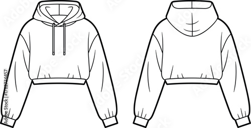 Cropped hoodie front back view, drawstring hood long sleeve top, fashion flat sketch, apparel template, cad drawing flat vector illustration
