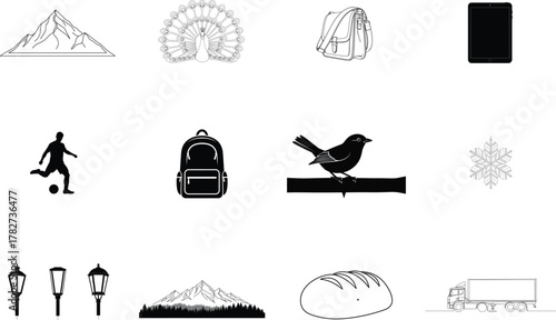 Mountain peacock messenger bag tablet soccer player bird snowflake lamp bread truck