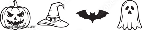 Classic halloween vector line icons set with jack-o-lantern, witch hat, flying bat, and spooky ghost on white background Vector