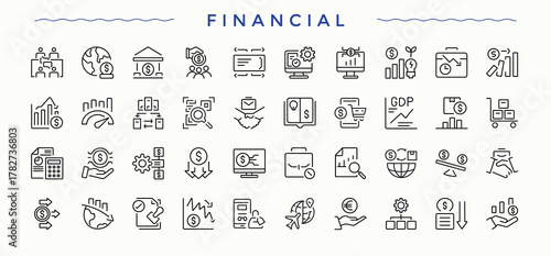 Financial line icon set. Payment vector icon set. Featuring investment, bank, finance, money, banking, exchange, payment. Pictogram and infographic.