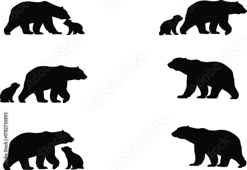 Bear and cub silhouette collection, wildlife animal vector illustration, mother bear with baby, forest animal design, nature graphic art set