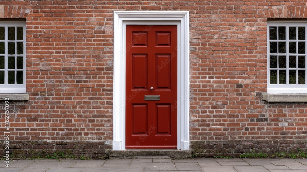 Fototapeta premium The red front door stands out against the old brick wall, framed by white columns with windows on both sides, showcasing classic architecture