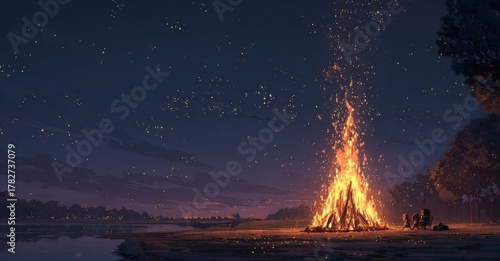 Campfire Gathering by the Lake Under a Starry Sky at Night