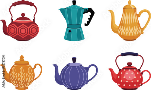 teapot, coffee, pot, espresso, maker, kettle, kitchenware, drink, beverage, icon, illustration, vector, design, cartoon, symbol, red, golden, turquoise, purple, polka