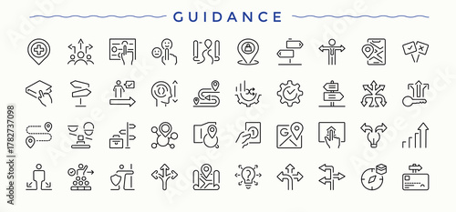 Guidance vector line icon set. Featuring collaboration, strategy, team, work, teamwork, leadership and more. Management modern icon set. Icons for UI designs. Editable vector stroke.