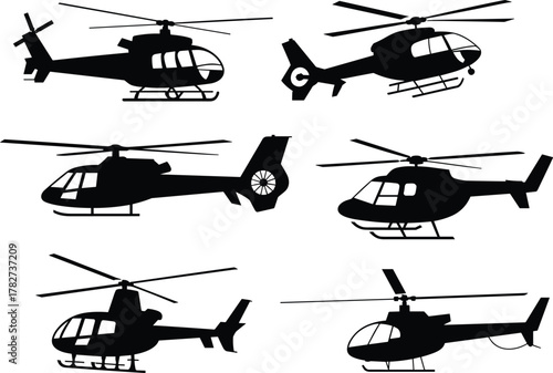Silhouettes of Helicopter Designs – Rotorcraft in Multiple Views and Styles – Aviation Vector Set for Military, Transport, Engineering, Education Use