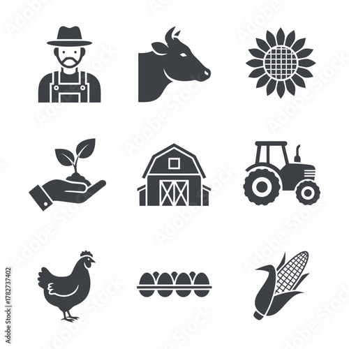 Set of farm icons including farmer, cow, tractor, and crops