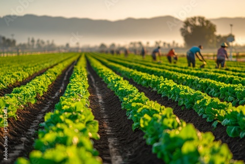 A picturesque view of rows of lettuce being harvested in a rural farmland setting, with farmworkers tending to the crops under the morning sun and distant mountains.