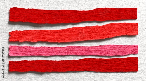 Red ribbon with pink stripes is shown. The ribbon is cut into four pieces, and the red color is prominent throughout the image. The ribbon appears to be a part of a larger piece of art