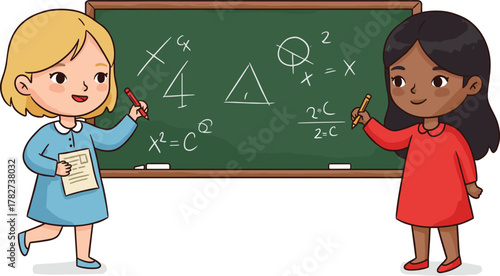Cute girls learning math at blackboard, school education illustration, classroom study concept, children writing equations, cartoon design