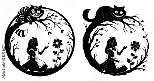 Alice in wonderland silhouette with cheshire cat on tree, vector illustration for plotter cutting