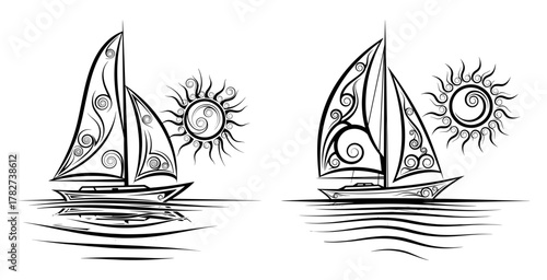 Two sailboats sailing on the sea with the sun shining, a simple black and white drawing