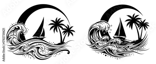 Two black and white illustrations of a tropical island with palm trees, a sailboat, and waves crashing on the shore