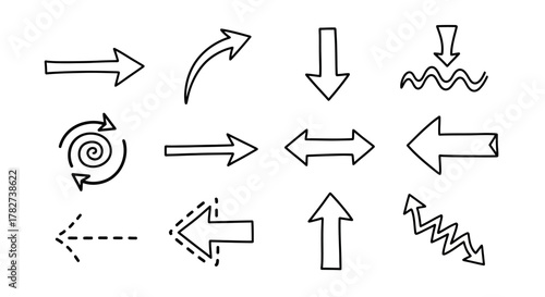Collection of various hand drawn arrow and direction symbols in black