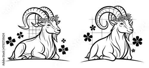 Two goats with flower crowns lying down in black and white line art style illustration