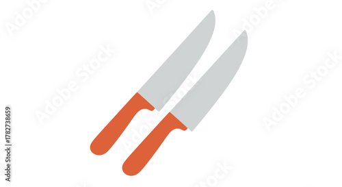 Two kitchen knives with orange handles are displayed in a simple illustration