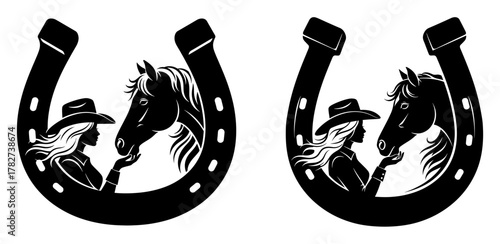 Silhouette of a cowgirl and horse in a horseshoe, symbolizing the bond between humans and animals