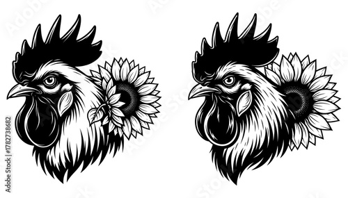 Two monochrome rooster heads with sunflowers, showcasing intricate details and contrasting textures