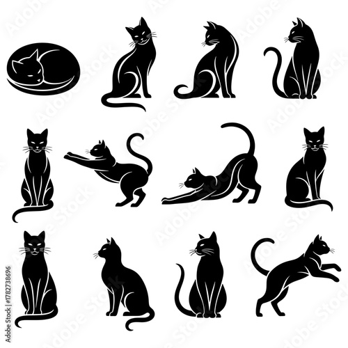 Collection of black cat silhouettes in various poses set of feline illustrations for design