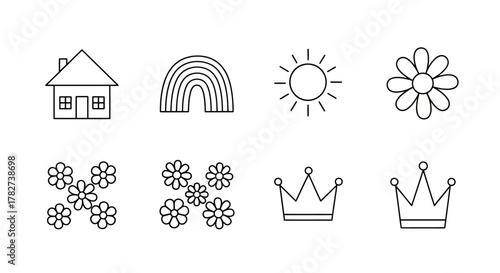 Simple line drawings of a house rainbow sun flowers and crowns