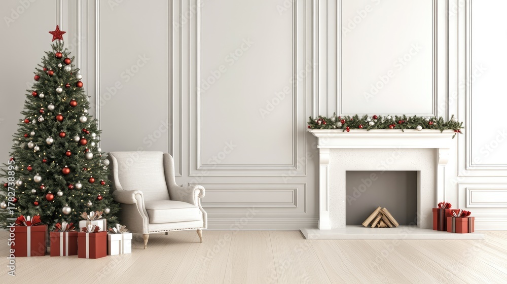 Naklejka premium Warm living room features a fireplace, decorated Christmas tree, and an inviting armchair, creating a festive holiday atmosphere