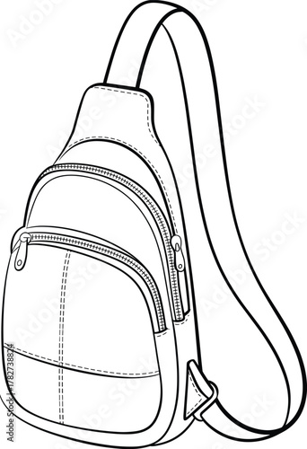Sling backpack line drawing – black and white vector sketch with single strap, zippered compartments, stitching details for fashion, product, and gear design