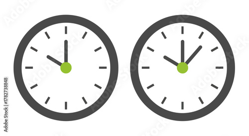 Two analog clocks displaying different times simple graphic illustration