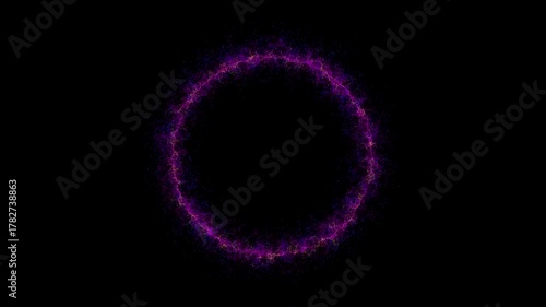 Glowing Particle Energy Ring horizontal 1. Abstract glowing ring made of vibrant particles in purple and gold colors, slowly pulsating and shimmering on a dark background. Perfect for sci-fi intros