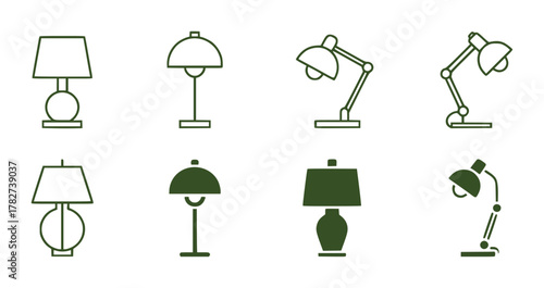 Collection of eight different desk and table lamp icons