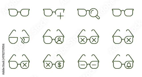 Collection of Eyeglasses Icons with Various Symbols and States