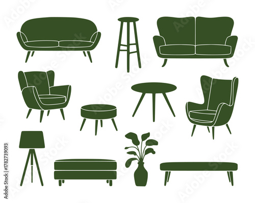 Collection of Green Furniture Silhouettes on White Background
