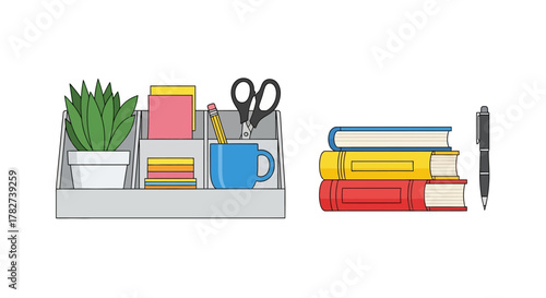 Stationery arrangement with books plant and office supplies on a desk