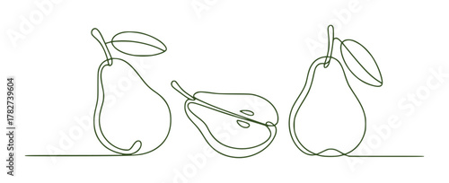 Minimalist Line Art of Three Pears, One Halved, on White Background