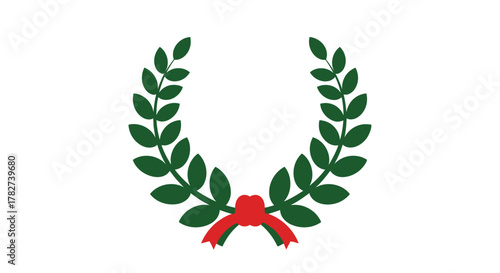 A green laurel wreath with a vibrant red ribbon bow design