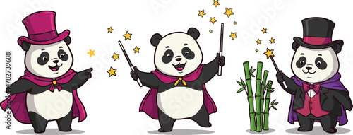Cute panda magicians performing magic tricks, adorable cartoon animals in top hats and capes creating stars, fantasy illustration concept