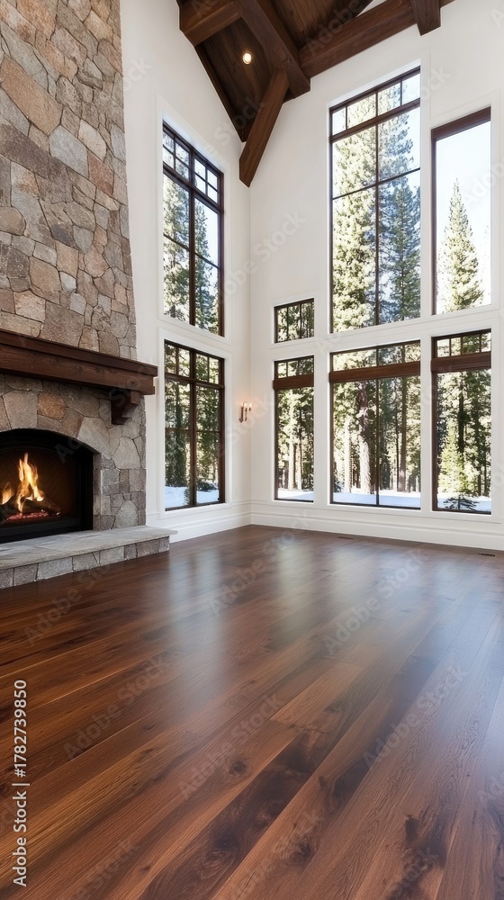 Naklejka premium Luxurious living room features a cozy stone fireplace, built-in cabinets, and breathtaking views of snowy mountains through large windows