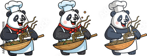 Cute panda chef cooking noodles, funny cartoon cook character, Asian food illustration, adorable culinary animal art, creative kitchen design