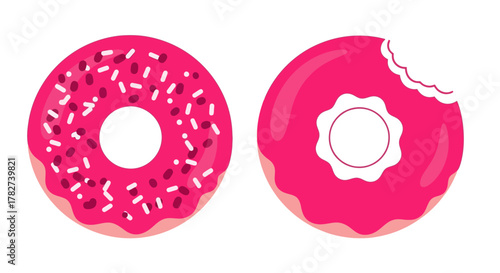 Two pink donuts one whole and one with a bite taken out