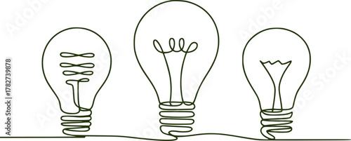 Three light bulbs in a continuous line drawing, representing ideas and innovation