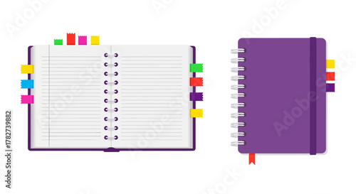 Open and closed purple spiral notebooks with colorful page markers shown